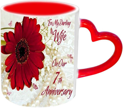 

Raj Laxmi Happy 7th Anniversary My Loving Wife Red Heart Handle Ceramic Mug(350 ml)