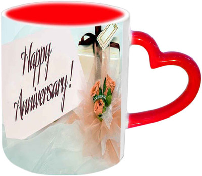 

Raj Laxmi Wonderful Design Anniversary Wishes Red Heart Handle Ceramic Mug(350 ml)