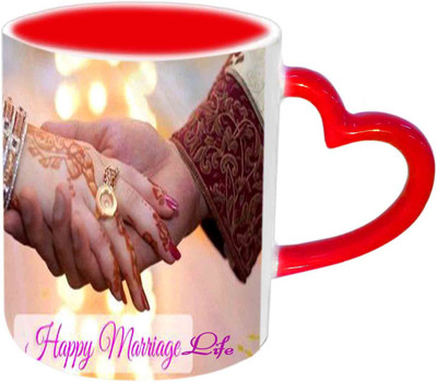 

Raj Laxmi Happy Married Life Red Heart Handle Ceramic Mug(350 ml)