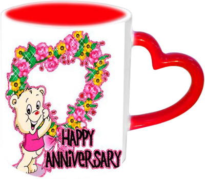 

Raj Laxmi Happy Anniversary With Teddy Red Heart Handle Ceramic Mug(350 ml)