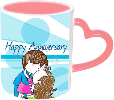 Raj Laxmi Kissing Couple Happy Anniversary Pink Handle Ceramic Mug(350 ml)