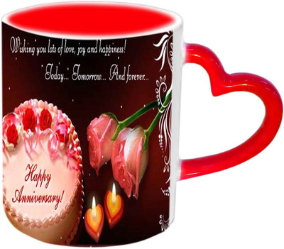 

Raj Laxmi Anniversary Wishes With Lovely Roses N Cake Design Red Heart Handle Ceramic Mug(350 ml)