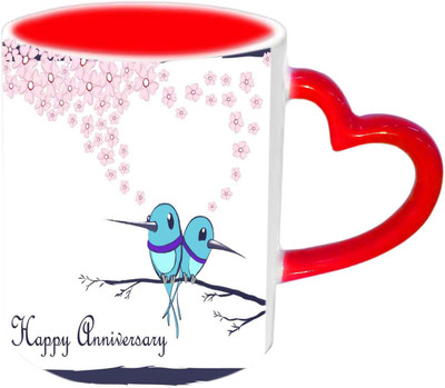 

Raj Laxmi Happy Anniversary Love Birds Red Heart Handle Ceramic Mug(350 ml)