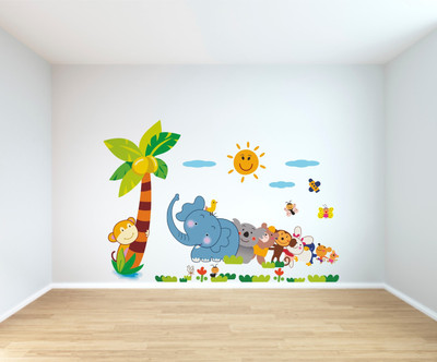 rawpockets 1 cm Wall Decals ' Wild animals Playing 'Wall Stickers |PVC Vinyl | Multicolour Self Adhesive Sticker(Pack of 1)