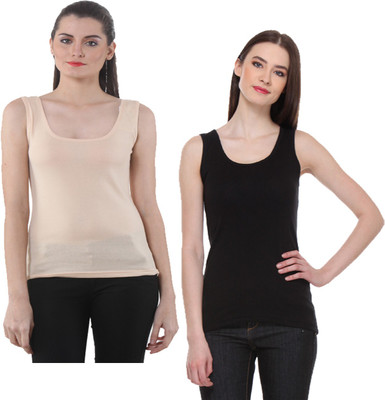 IndiWeaves Casual No Sleeve Solid Women Black, Beige Top