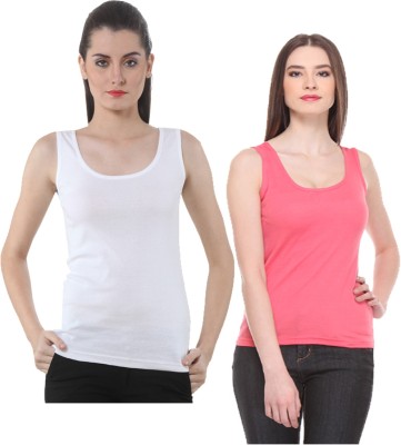 IndiWeaves Casual No Sleeve Solid Women White, Pink Top
