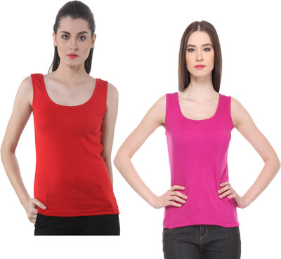 IndiWeaves Casual No Sleeve Solid Women Red, Pink Top