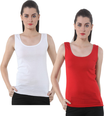 IndiWeaves Casual No Sleeve Solid Women Red, White Top