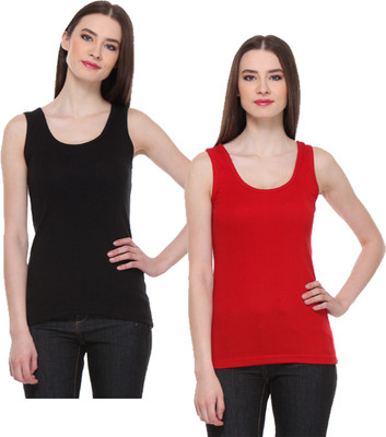 IndiWeaves Casual No Sleeve Solid Women Red, Black Top