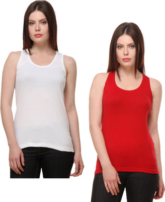 IndiWeaves Casual No Sleeve Solid Women Red, White Top