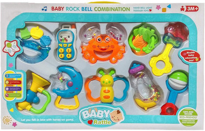 

ICE TREE Colorful Baby Rattle Rock Bell Combination Gift set with Amazing Sounds ( Set of 10 Pcs) Rattle(Multicolor)