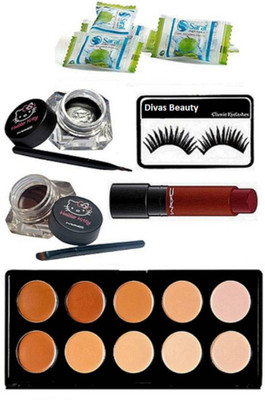

divas beauty Eyelashes, Mac Hello Kitty Balm Eyeliner, 10 Shade Concealer palette,Liptensity Lipstick With Magic Napkin(Set of 6)