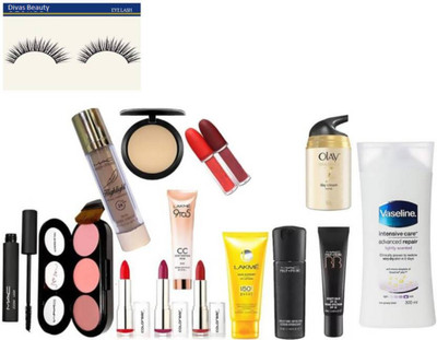 

divas beauty eyelash & 3 Shade Blusher&Mac Highlight&Mac Studio Fix Compact&Lakme 9TO5 CC Cream&Colourbar Lipstick Pack Of 3&Lakme Sun Expert&Eyelashes&Mac Face Serum&Mac BB Bauty Balm&Olay&Curlar&Gambattista Vali & Vaseline intensive care advanced repair