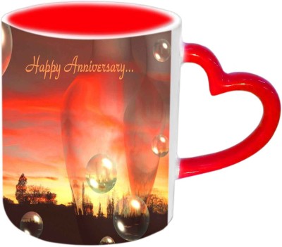 

Raj Laxmi Happy Anniversary With Bubbles Design Red Heart Handle Ceramic Mug(350 ml)