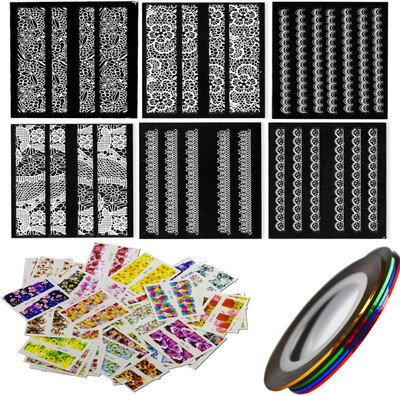 

STZ Nail Art Combo - 10 Sheets of Water Transfer Nail Art Stickers - 6 Sheets of Adhesive White Lace Nail Art Stickers - 4 Nail Art Tapes(white)