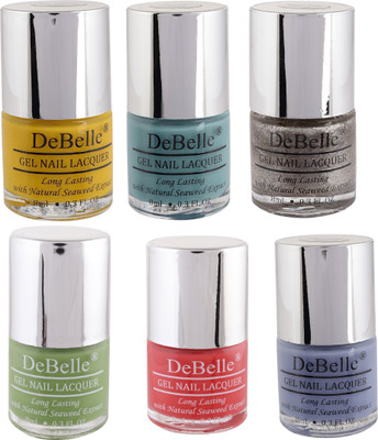 

DeBelle Nail Polish Combo kit of 6 (Yellow, Green, Glitter, Coral Orange, Purple) Caramelo Yellow, Tahiti Teal, Sparkling Dust, Mystique Green, Princess Belle', Blueberry Bliss(Pack of 6)