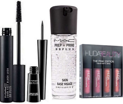 

MAC BB PLUS IMPORTED COMBO EYE LINER AND MASCARA ,MAC Primer 35 ML, 4 Pink Matte Me Liquid Lipstick ( Pink ) For All Skin Tone Primer - 35 ml(NATURAL)