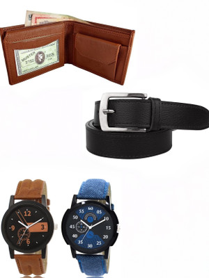 Zulfi Wallet, Chronograph Watch, Belt Combo(Tan, Blue, Black)