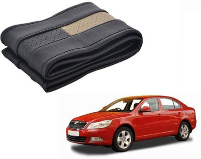 CARIZO Hand Stiched Steering Cover For Skoda Laura(Black, Beige, Leatherite)