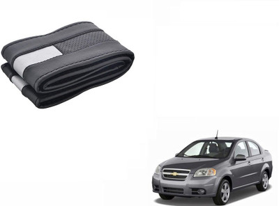 CARIZO Hand Stiched Steering Cover For Chevrolet Aveo(Black, Silver, Leatherite)