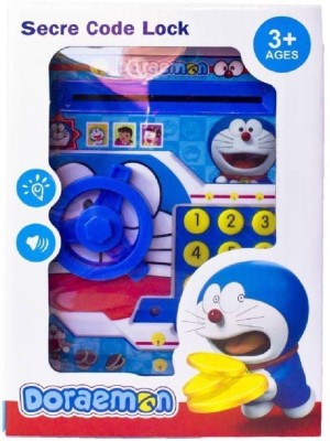 

Charming Treasures Doraemon Piggy Bank With Changeable Secret Code Lock, Electronic Sound, Flashing Lights & Alert Sound- Automatic Pull In Paper Notes Like ATM Coin Bank Coin Bank(Blue, White)