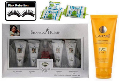 

Pink Rebellion Eyelashes & Shahnaz Hussain Diamond Plus Facial Kit & Lakme Sun Expert Sunscreen Lotion With Magic Napkin 3(Set of 4)
