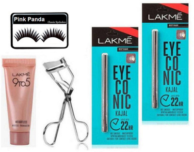 

Pinkpanda Eyelashes, Eyelashes Curler and Lakme 9 to5 Mousse Foundation and eyeconic kajal 2(Set of 5)