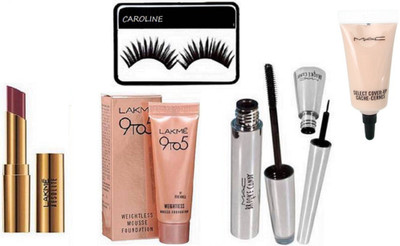

caroline Eyelashes, Mac Select Cover-up concealer, Brook candy Eyeliner & Mascara, Absolut Oil Lip argun Lipstick, 9to5 Mousse Foundation(Set of 6)