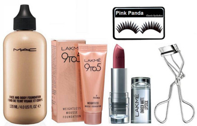 

Pinkpanda eyelashes , mac face and body foundation , 9to5 weightless mousse foundation , enrich matte finish lipstick with eyelash curler(Set of 5)