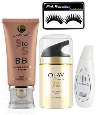

Pink Rebellion Eyelashes & Lakme 9 To 5 BB Bright Benefit Cream & Olay Anti Ageing Day Cream & Lakme Moisturiser Winter Intense Lotion(Set of 4)