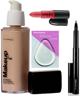 

divas beauty Silicon Puff, Makeup Pro Longwear Mac Foundation, Lady Gaga Lipstick,Pen Liner(Set of 4)