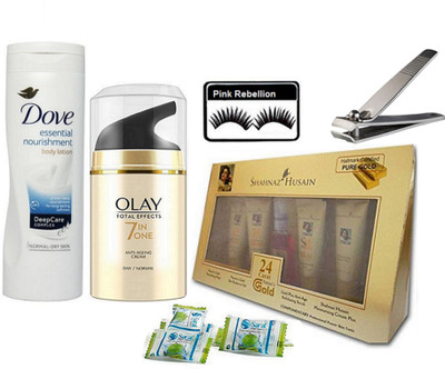 

Pink Rebellion Eyelashes & Dove Essential Nourishment Body Lotion & Olay Anti Ageing Day Cream & Shahnaz Hussain Gold Facial Kit & Magic Napkin 3 With Nail Clipper(Set of 6)