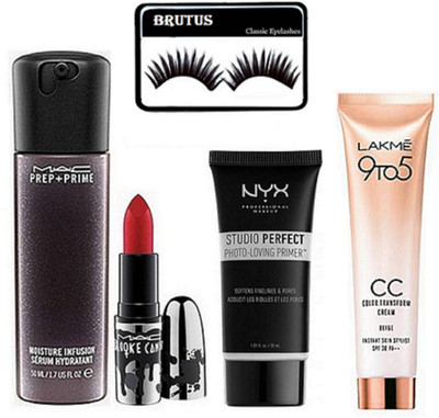 

BRUTUS Eyelashes With Mac Moisture Serum & mac Dark Red Lipstick, NYX Studio Perfect Photo-Loving Face Primer, 9to5 cc Cream(Set of 5)