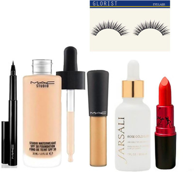 

glorist eyelash and Studio Waterweight Foundation Mac & Mineralize Concealer & Farsali Face Serum & Lady Gaga LIpstick & Pen Eyeliner(Set of 6)