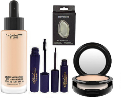 

ravishing Silicon puff, Mac Studio Water Weight foundation, Padma Eyeliner+mascara, Compact(Set of 5)