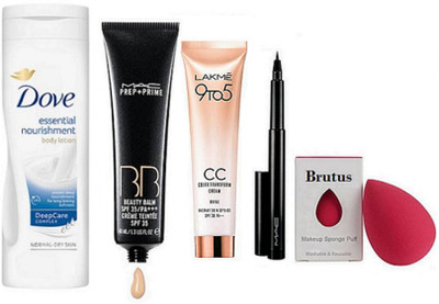 

BRUTUS Sponge Puff, Mac Pen Eyeliner, Prep+Prime BB Beauty Blam Cream, Dove essential nourishment body lotion, 9to5 cc Cream(Set of 5)