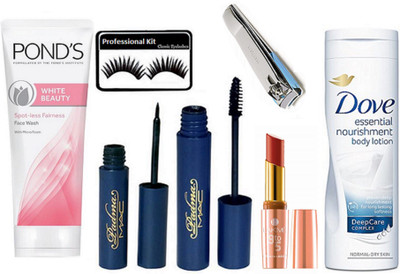 

Professional kit Eyelashes, Mac Padma Eyeliner+Mascara & Lakme 9 to 5 Matte Prime Lipstick & Dove Essential Nourishment Body Lotion & Ponds White Beauty Face Wash(Set of 7)