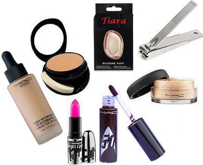 

tiara Silicon Puff , mac Studio Water weight Foundation , Loose Powder , two way Compact , Brook Candy Lipstick , Gloos, Nail cuter(Set of 7)