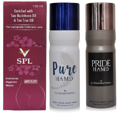 

VSPL Feminine Hygiene Wash 100ml 1pc., HAMD Pure 1pc. & Pride 1pc. Deodorant Spray 200ml each Pack of 3(Set of 3)