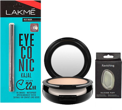 

ravishing Silicon puff, Mac studio fix compact, Lakme eyeconic Deep Black kajal(Set of 3)