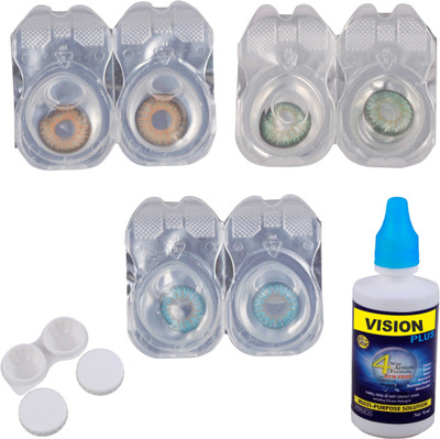 

Vision-Plus 3 Pair Blue, Hazel & Green Color Zero Power Monthly Contact Lens With Solution & Case Monthly Contact Lens(0, Blue, Green, Hazel, Pack of 3)