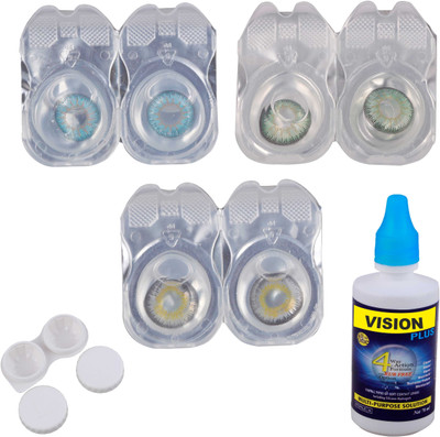 

Vision-Plus 3 Pair Blue, Grey & Green Color Zero Power Monthly Contact Lens With Solution & Case Monthly(0, Colored Contact Lenses, Pack of 3)