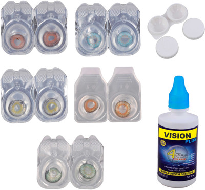 

Vision-Plus 5 Pair Blue, Brown, Green, Grey & Honey Color Zero Power Monthly Contact Lens With Solution & Case Monthly(0, Colored Contact Lenses, Pack of 5)