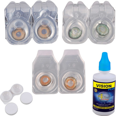 

Vision-Plus 3 Pair Hazel, Green & Honey Color Zero Power Monthly Contact Lens With Solution & Case Monthly Contact Lens(0, Green, Hazel, Honey, Pack of 3)