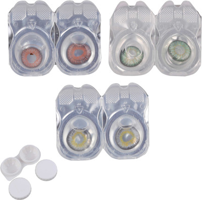 

Vision-Plus 3 Pair Brown, Green & Grey Color Zero Power Monthly Contact Lens With Case Monthly(0, Colored Contact Lenses, Pack of 3)