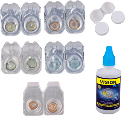 

Vision-Plus 5 Pair Blue, Grey, Green, Hazel & Honey Color Zero Power Monthly Contact Lens With Solution & Case Monthly(0, Colored Contact Lenses, Pack of 5)
