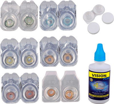 

Vision-Plus 6 Pair Blue, Brown, Grey, Green, Hazel & Honey Color Zero Power Monthly Contact Lens With Solution & Case Monthly(0, Colored Contact Lenses, Pack of 6)