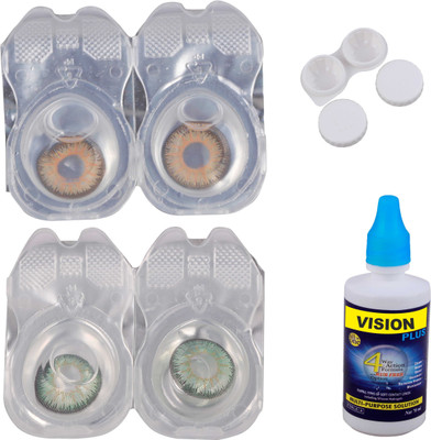 

Vision-Plus 2 Pair Hazel & Green Color Zero Power Monthly Contact Lens With Solution & Case Monthly(0, Colored Contact Lenses, Pack of 2)
