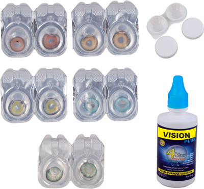 

Vision-Plus 5 Pair Blue, Brown, Green, Grey & Hazel Color Zero Power Monthly Contact Lens With Solution & Case Monthly Contact Lens(0, Blue, Green, Brown, Grey, Hazel, Pack of 5)