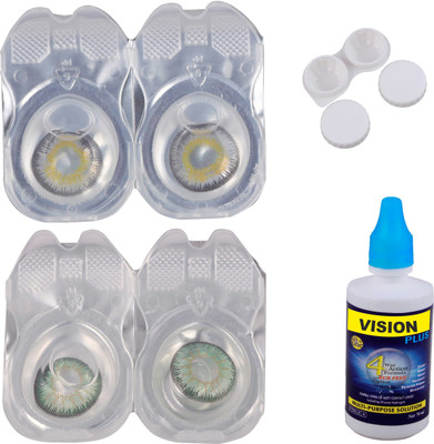 

Vision-Plus 2 Pair Grey & Green Color Zero Power Monthly Contact Lens With Solution & Case Monthly Contact Lens(0, Grey, Green, Pack of 2)